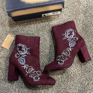 Hippie Laundry burgundy suede ankle booties with embroidered flower detail